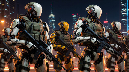 Obraz premium Armored robots with rifles stand guard in a dark city. Futuristic soldiers patrol urban streets at night under building lights. Advanced machines secure the area.