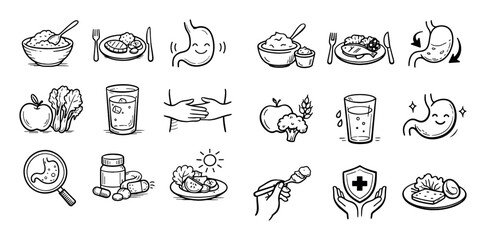 Obraz premium Therapeutic diet and digestive care concept icons with soft foods gentle meal and digestive support for print design in hand drawn sketch style