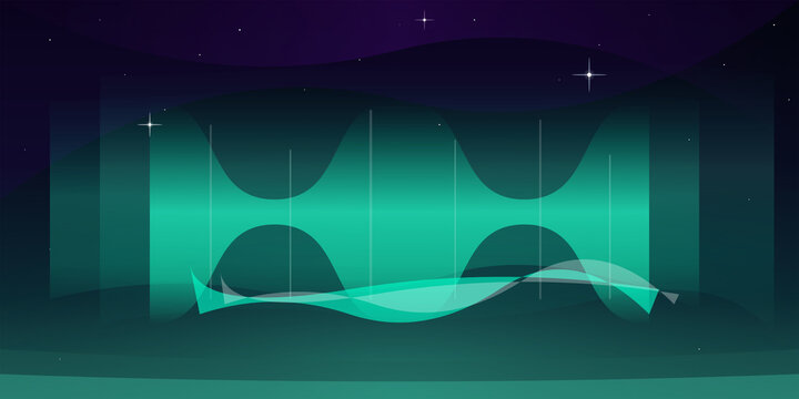 Abstract glowing green aurora borealis night sky vector illustration on transparent background