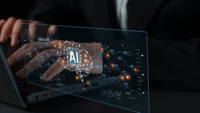 AI neural network and data processing system visualizing artificial intelligence with brain structure, chip, and connected data blocks for computation and learning Marrow