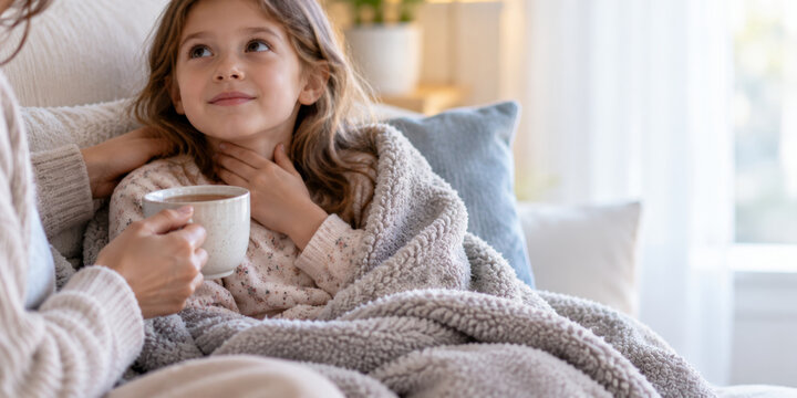 Sick child girl with sore throat wrapped in blanket on sofa. Mother caring for daughter with angina and holding cup of hot tea. Flu, cold and illness treatment at home. Family healthcare concept.