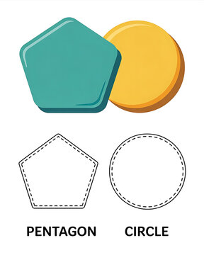 Teal Pentagon and yellow circle shapes with outlines below for education and design concepts