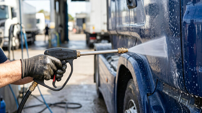 Professional heavy duty truck wash | Pressure washing blue commercial semi truck | Industrial vehicle cleaning spray | Fleet maintenance services