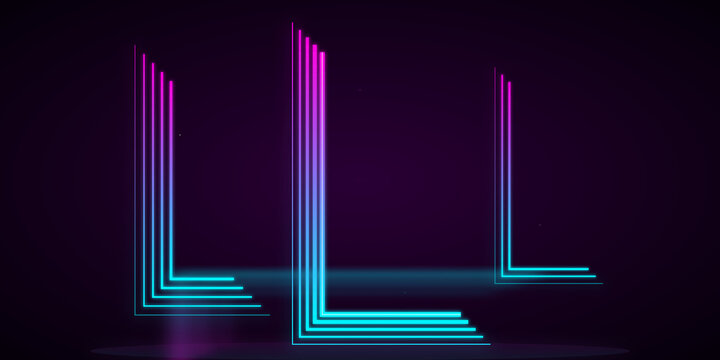 Abstract neon l shaped light structures glowing against dark background on transparent background