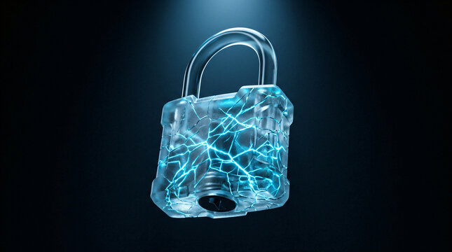 Cybersecurity data breach concept | Glowing cracked glass padlock on dark background | Digital security vulnerability illustration | Ice blue broken security lock