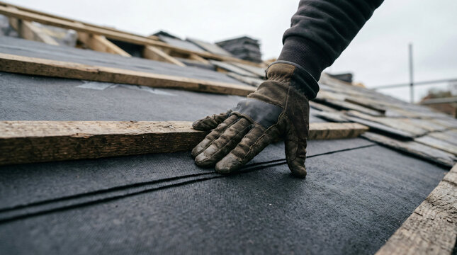 Professional roof underlayment installation | Applying roofing felt to a house roof | Roofer placing wooden battens on felt membrane | Construction worker installing roof moisture barrier