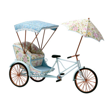 Vintage blue and floral rickshaw bicycle with parasol isolated on transparent background PNG element