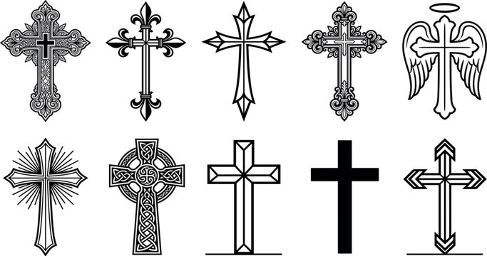 Christian Cross Black Silhouette and Outline Icon Set Featuring Celtic, Gothic, Angel Wing, and Traditional Religious Crucifix Vector Illustrations for Spiritual Graphic Designs