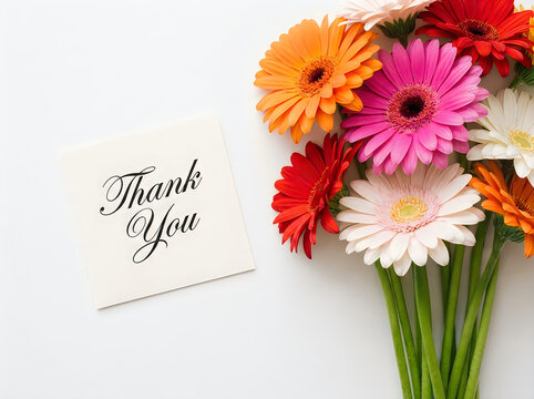 A beautiful bouquet of colorful gerbera daisy flowers with a thank you note on a white background