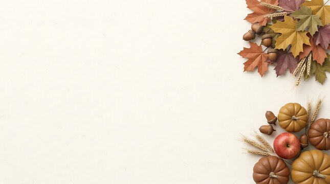 Autumn harvest composition with colorful fall leaves and pumpkins on a clean white background with copy space