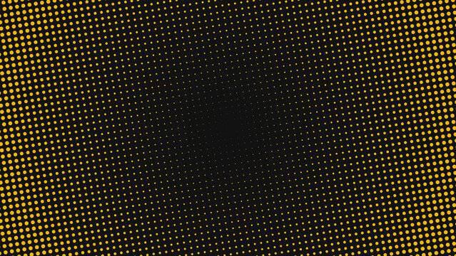 Dark background, featuring a radial, gradient of golden, yellow dots creating, a vibrant halftone, effect for dynamic compositions