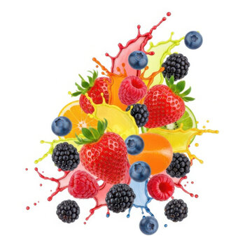 Fresh mixed berries and citrus fruits with dynamic liquid splash