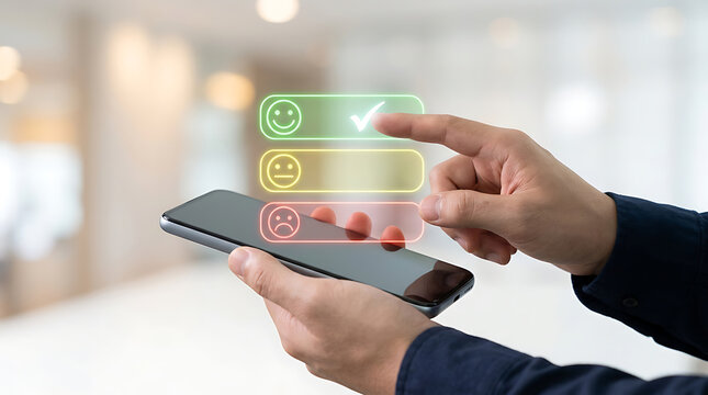 Close up of business professional selecting positive green face icon on virtual feedback hologram using smartphone device for successful customer satisfaction experience rating.