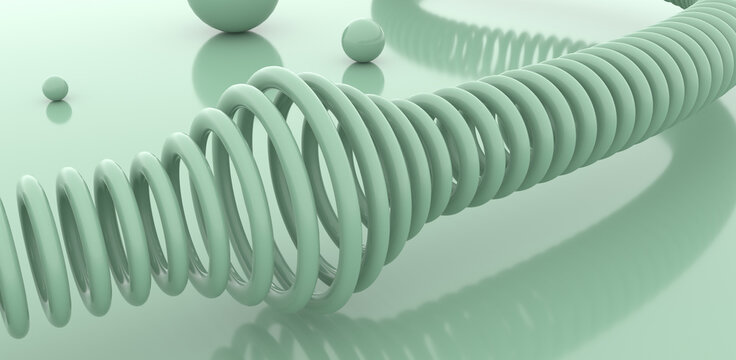 Abstract green architectural coil structure with glossy spheres