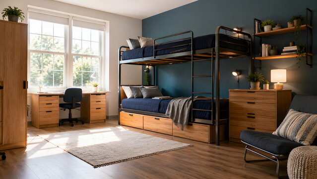 Clean and bright empty university dormitory interior with metal bunk beds, wooden study desks, chairs and large sun‑filled window, modern student housing room background
