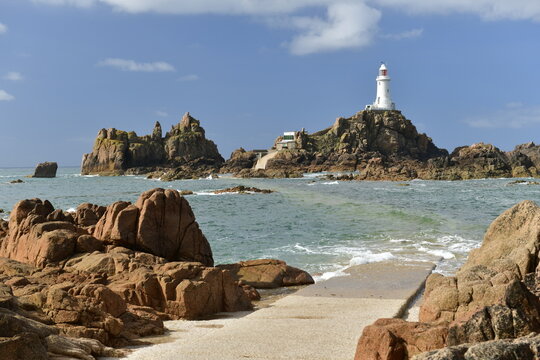 La Corbiere lighthouse, Jersey, U.K. Coastal landmark in Autumn.