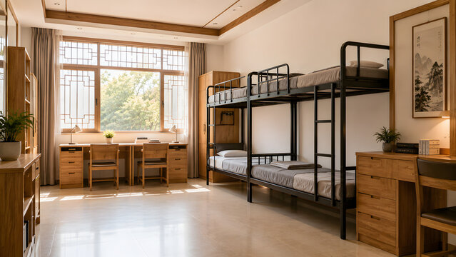 Modern Chinese-style student accommodation with black metal bunk bed, natural wood furnishings, large windows, and a calm study environment
