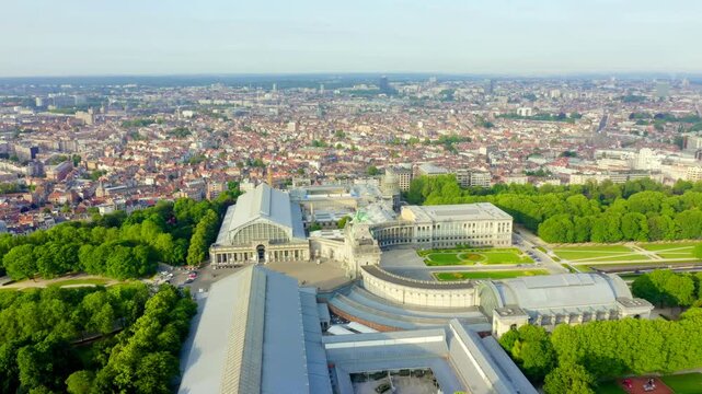 Brussels, Belgium. Park of the Fiftieth Anniversary. Park Senkantoner. The Arc de Triomphe of Brussels (Brussels Gate). Drone footage