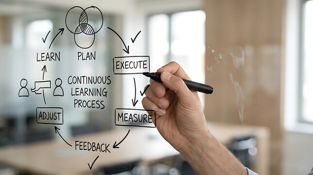 Business professional drawing a continuous learning process diagram on a glass wall in an office.