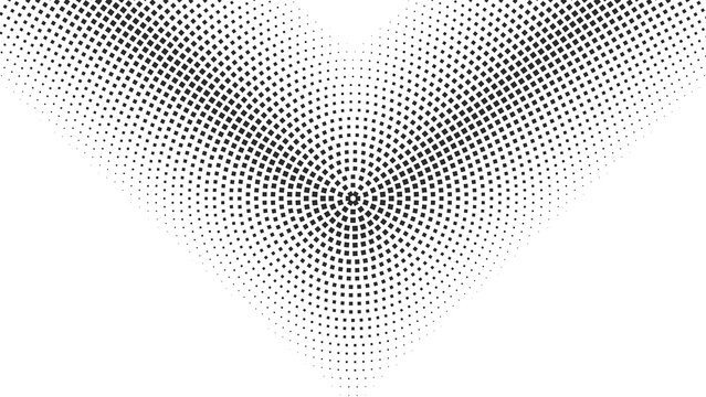 Dark grey square halftone dot pattern forming av shape chevron on a solid black background, for digital projects