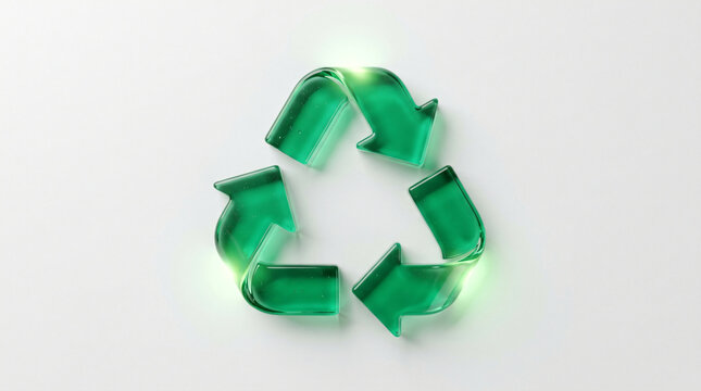 3D green glass recycling symbol | eco-friendly sustainability concept icon | translucent emerald waste reduction sign | environmental protection graphic on white background
