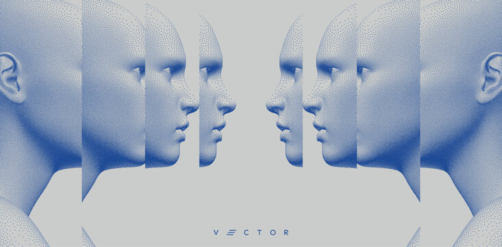 People face to face. Abstract digital human head. Concept of psychological and mental health issues. Reflection and splitting. 3D vector illustration for a banner, poster, cover, or brochure.