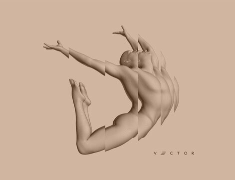 An athlete in a jump. Gymnastics activities. 3D human body model. Design for sport. Vector illustration composed of particles. Reflection and splitting.
