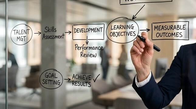Professional writing a talent management and learning development flowchart on a glass office wall.