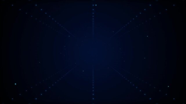 Abstract digital tunnel of blue dots moving forward in dark space with glowing particles.