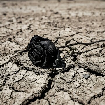 A single dried black rose laying on parched cracked desert earth with parched soil climate change dead flower environmental disaster barren landscape environmenta