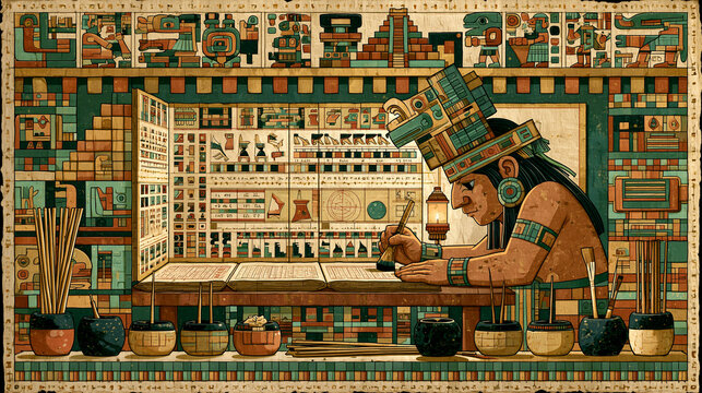 Maya Scribe Painting Hieroglyphs on Codex