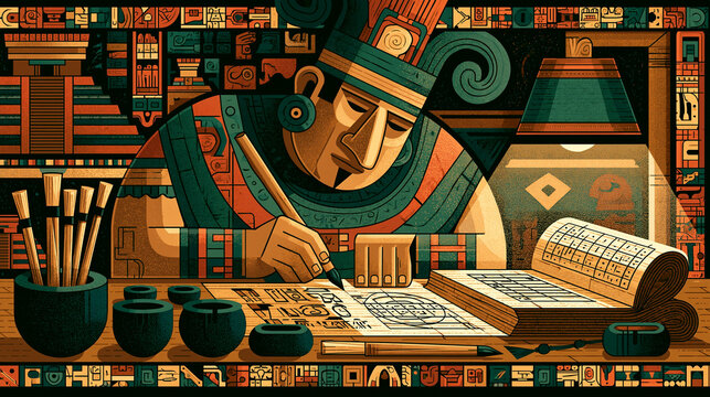 Maya Scribe Painting Hieroglyphs on Codex