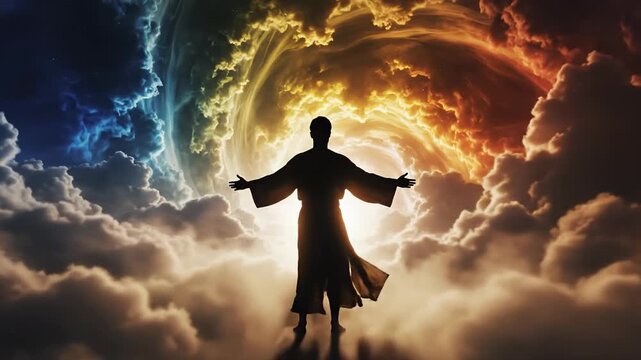 Silhouette of a figure with outstretched arms against a dramatic cosmic sky
