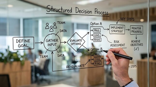 Business professional drawing a structured decision process flowchart on a glass office wall.