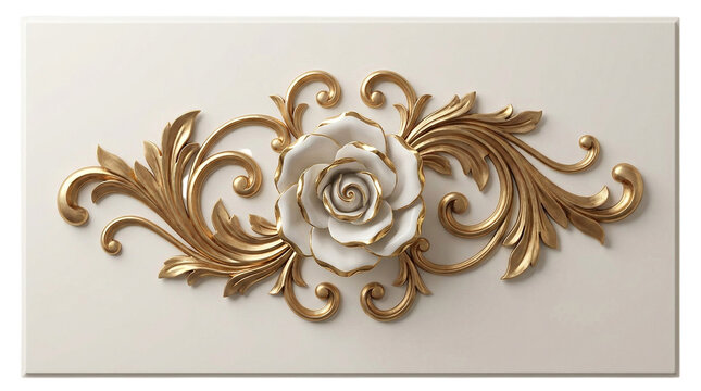 Gold ornate floral scrollwork with a white rose centerpiece for luxury decorative design