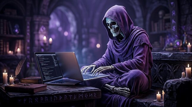 Grim reaper skeleton in purple robe typing on a laptop in a dark mystical library room