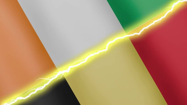 Two waving flags Ivory Coast and Belgium with diagonal lightning seamless, 4k loop