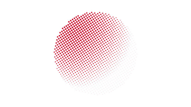 Red abstract sphere shape composed of a dense grid of square pixels and halftone dot texture, isolated on a solid black background surface