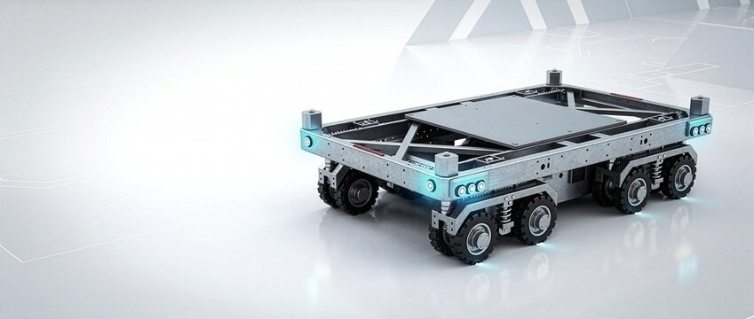 港湾用大型自動搬送車（AGV）シャシーおよび駆動モジュールの3Dレンダリング コピースペース付き（21:9 Webヘッダー用）