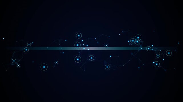 Abstract futuristic plexes network with glowing blue particles and horizontal line on dark background.