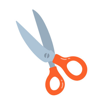 Vector illustration of orange scissors with blue metal blades. Flat isolated cutting tool icon for school, craft and office use.