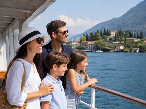 Familienurlaub am Gardasee: Eltern und zwei Kinder genie&szlig;en eine sonnige Schifffahrt vor der beeindruckenden Bergkulisse und entdecken gemeinsam die Sch&ouml;nheit Norditaliens.