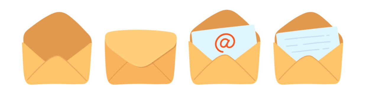 Vector illustration of open and closed email envelopes with letters. Flat isolated mail icon set for messaging and communication.
