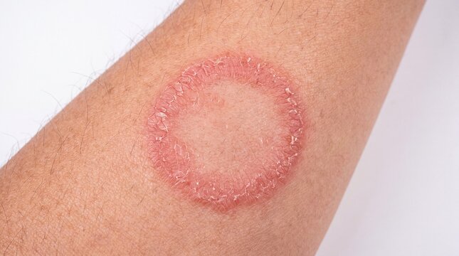 Big ringworm rash on hand on white background. closeup