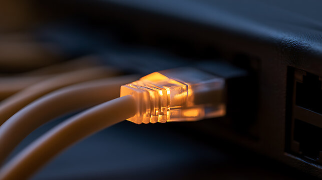 Close-up view of an ethernet cable plugged into a network router port, glowing with warm orange light in a dark technological data center