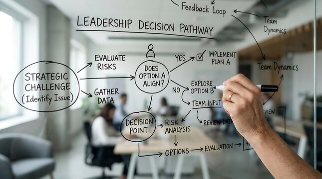 Business professional drawing a complex strategic decision pathway on a glass board in a modern office.