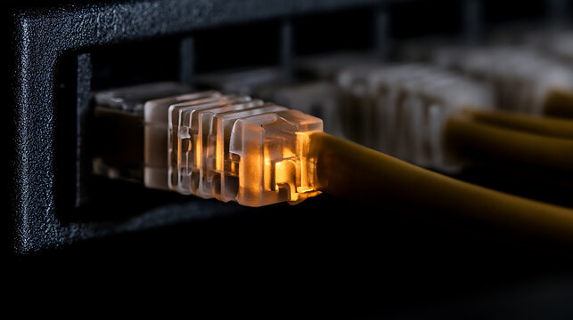 Close up view of yellow ethernet network cable connected to hardware router port device in dark server room datacenter telecommunication space