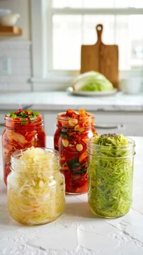 Glass jars of kimchi, sauerkraut plus fermented vegetables on a kitchen counter, probiotic foods, natural preservation through lactic fermentation