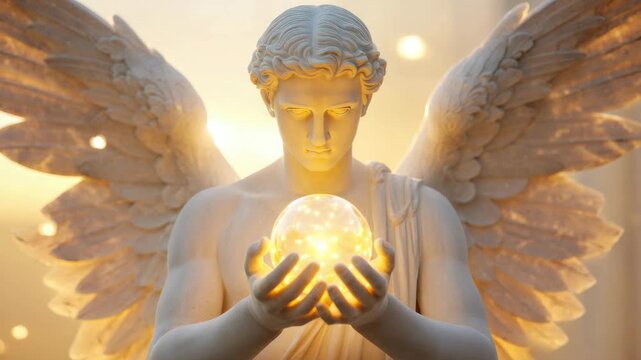 Guardian angel holding glowing crystal orb at golden sunrise, divine protection and spiritual guidance, celestial energy, manifestation, healing light, higher self, hope mystical wellness aesthetic