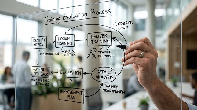 Professional writing a training evaluation process flowchart on a glass board in an office.